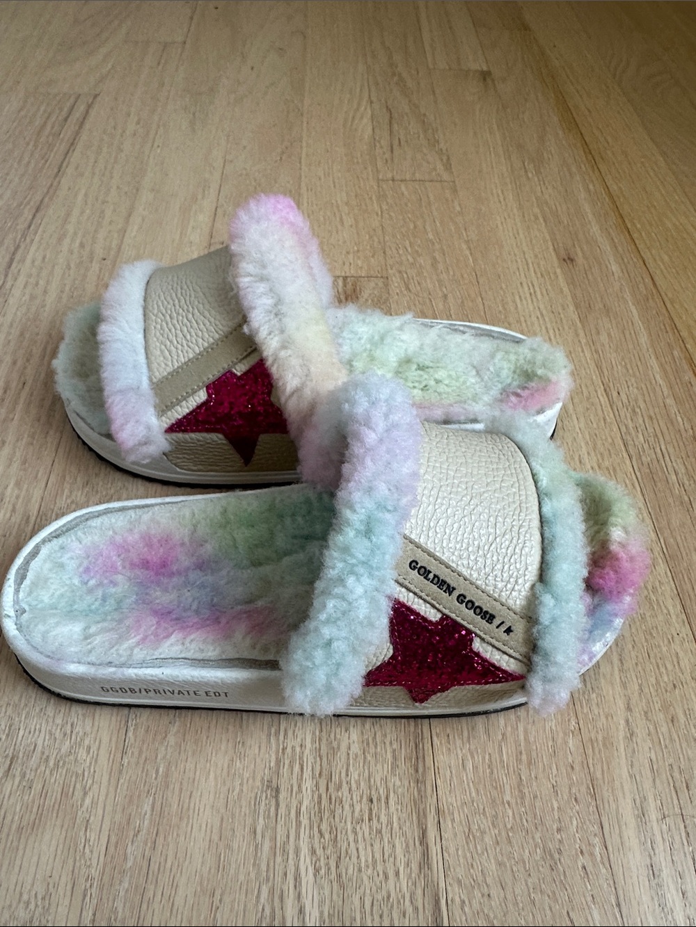 Golden Goose Cream Shearling Slide with Glitter Pink Star